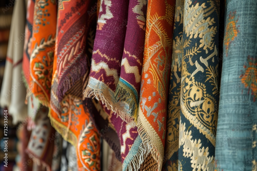 Colorful fabrics with diverse patterns on display space for adding text focused limited depth of field Colorful fabrics with diverse patterns on display space for adding text focused limited depth of field