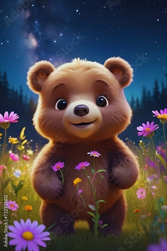 Enchanted Meadow Joy, Cute Baby Bear Amidst Wildflowers, Cute beautiful baby bear in the beautiful meadow with wildflowers, Cute baby animals for kids room decorations, Baby Room wall art decorations © Art by H