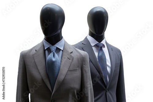 Two male mannequins in suits on white background No branding or copyright items