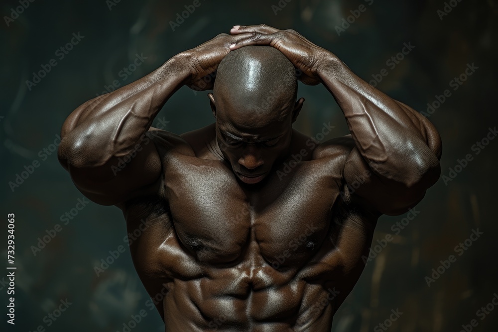 Muscular person touching head in dimly lit space Muscular person touching head in dimly lit space