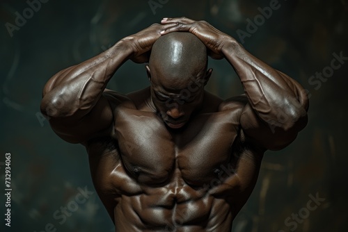 Muscular person touching head in dimly lit space