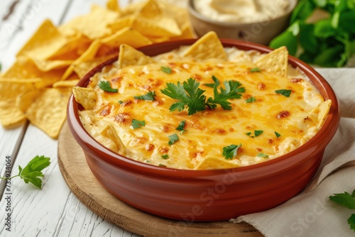 Close up low angle view of yellow tortilla chips with homemade cheesy dip on a white wooden background