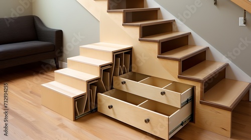 Maple wood hidden storage shelves under stairs in a natural finish