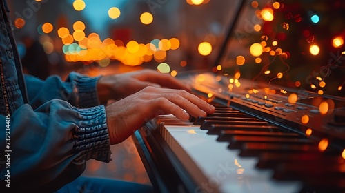 A musician composing a new piece of music on a grand piano in a spacious studio