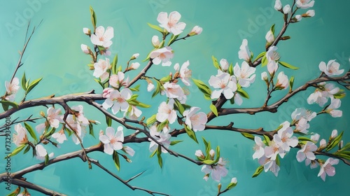 branches of blossoming almonds on green background, generative ai,