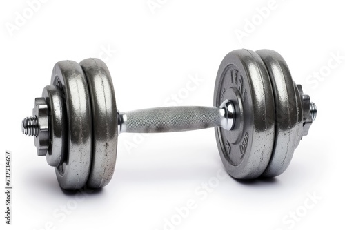 Isolated white background with a steel dumbbell