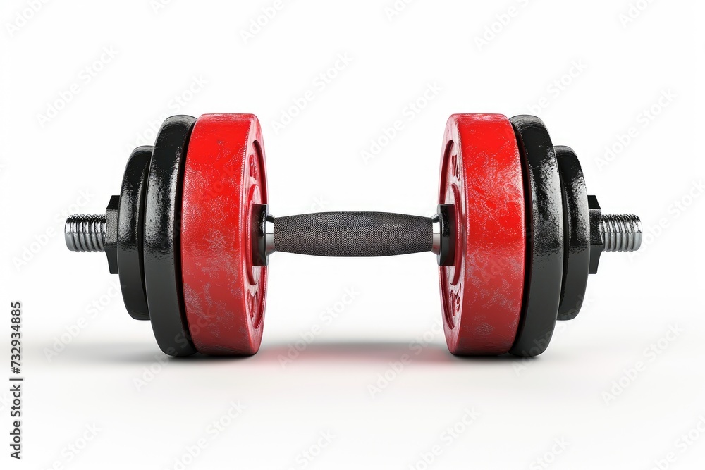 Front view of a dumbbell with red plates used for weight training and weightlifting in a gym isolated on a white background Front view of a dumbbell with red plates used for weight training and weightlifting in a gym isolated on a white background