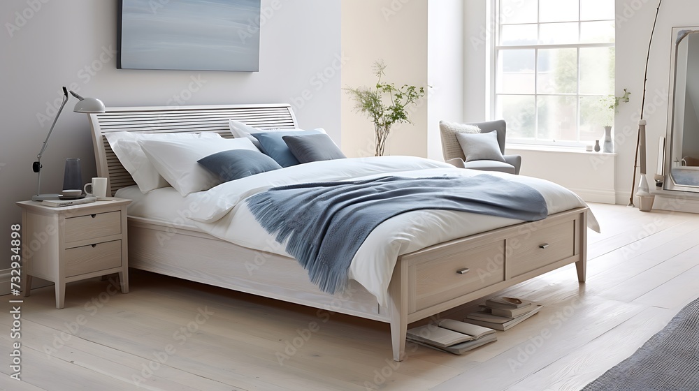 Image of a whitewashed wooden bed frame with hidden under bed storage