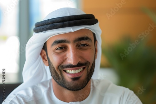 Content Emirati Arab in Kandura ideal for Middle East business concept observes office