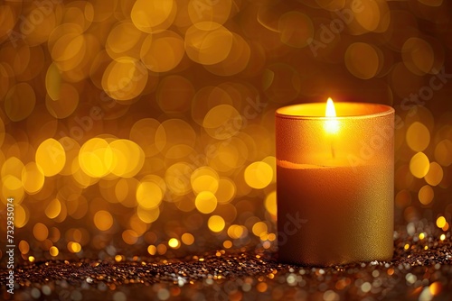 Golden candle on glittering golden background for banner or border with space for text