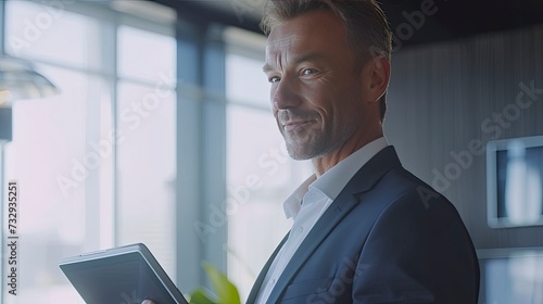 Happy middle aged business man ceo wearing suit standing in office using digital tablet. Smiling mature businessman professional executive manager looking away - generative ai photo