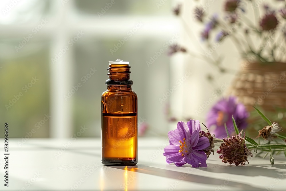 Essential oil bottle on bright surface Essential oil bottle on bright surface
