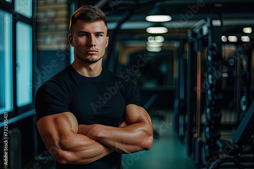 Fit Caucasian bodybuilder with a nourished body displaying a sexy appearance in a black T shirt at the gym promoting healthcare and a healthy lifestyle