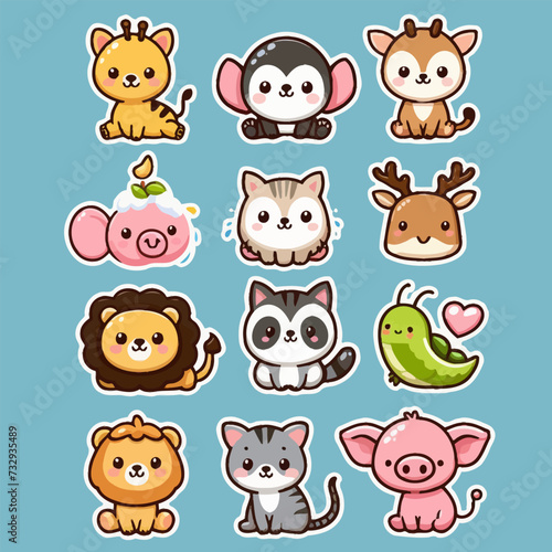 Fototapeta Naklejka Na Ścianę i Meble -  Big set of cute cartoon animal stickers vector illustration. Flat design