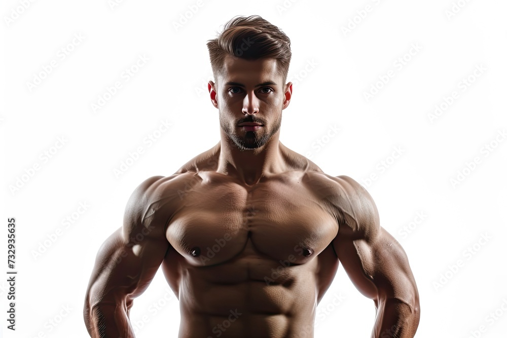 Ideal muscular man alone on a white backdrop