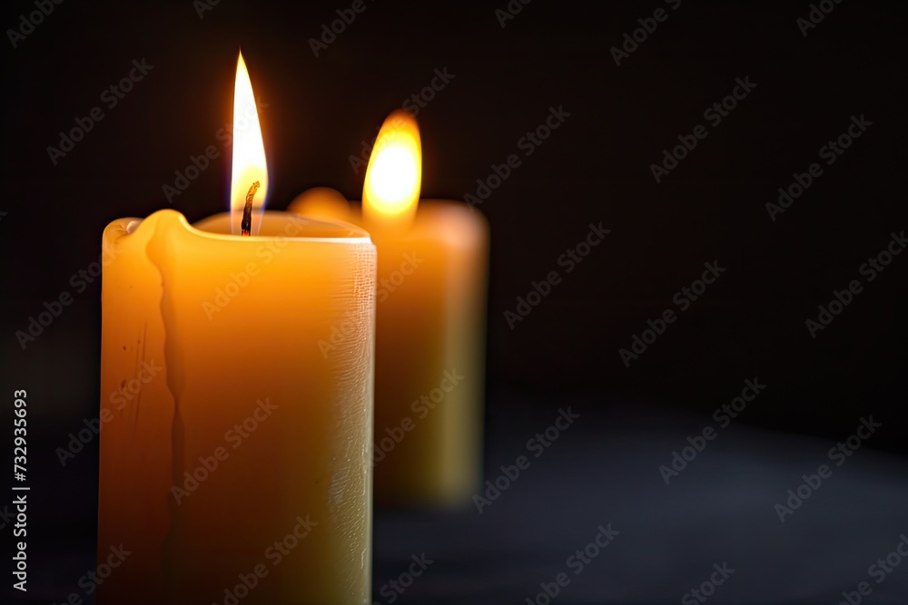 Three candles on a black background with one in sharp focus and the rest blurred Three candles on a black background with one in sharp focus and the rest blurred