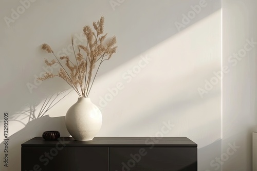 Minimalist living room interior with black commode dried flower vase wall decoration and stylish personal accessories © VolumeThings