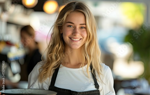Cheerful blonde waitress with tray grinning