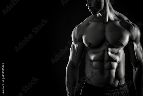 Fit male body Perfectly sculpted muscles six pack abs strong shoulders defined deltoids bulging biceps and triceps and a sculpted chest Monochrome picture
