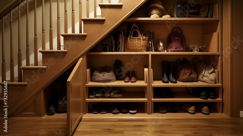 Hickory wood hidden storage compartments under stairs with a warm tone