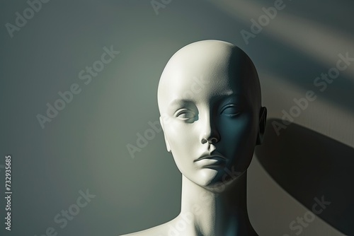 Black and white portrait of a female mannequin with lighting effects on a grey background photo