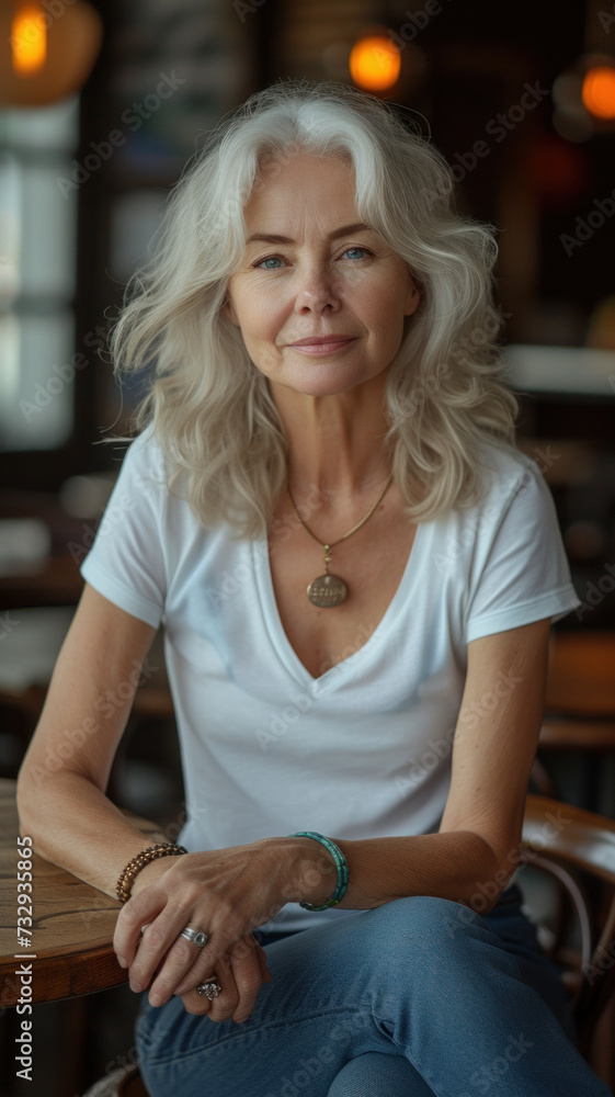 Old Caucasian woman in white t-shirt and jeans sitting at table at modern cafe. Old Caucasian woman in white t-shirt and jeans sitting at table at modern cafe.