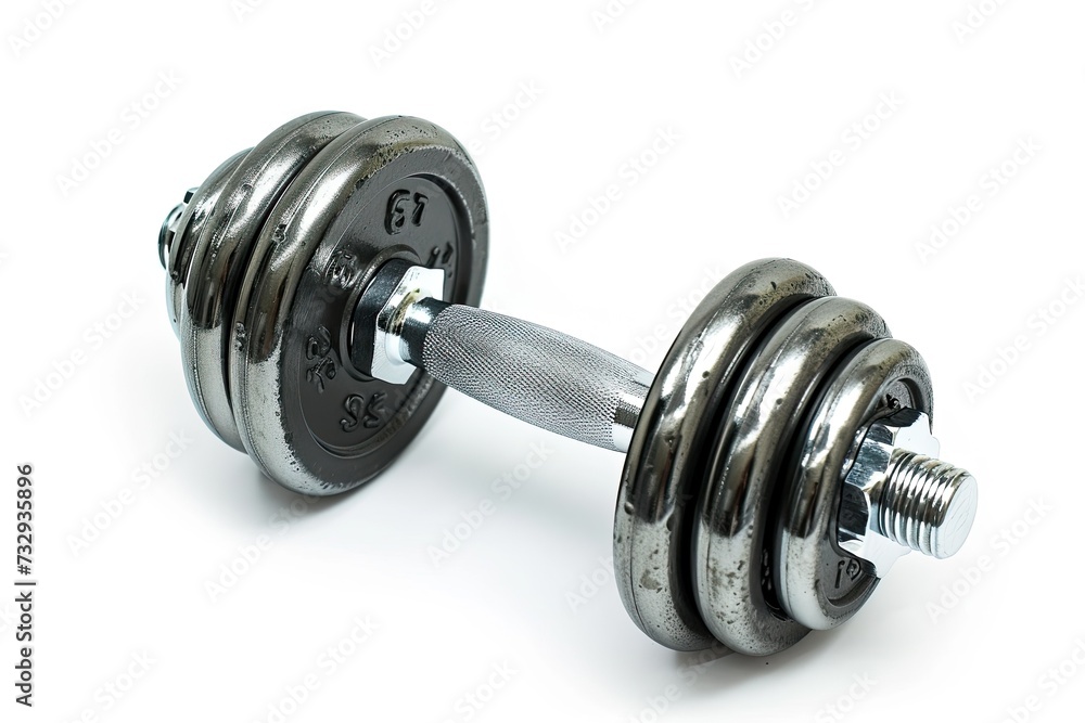Isolated metal dumbbell and weights on white background Isolated metal dumbbell and weights on white background