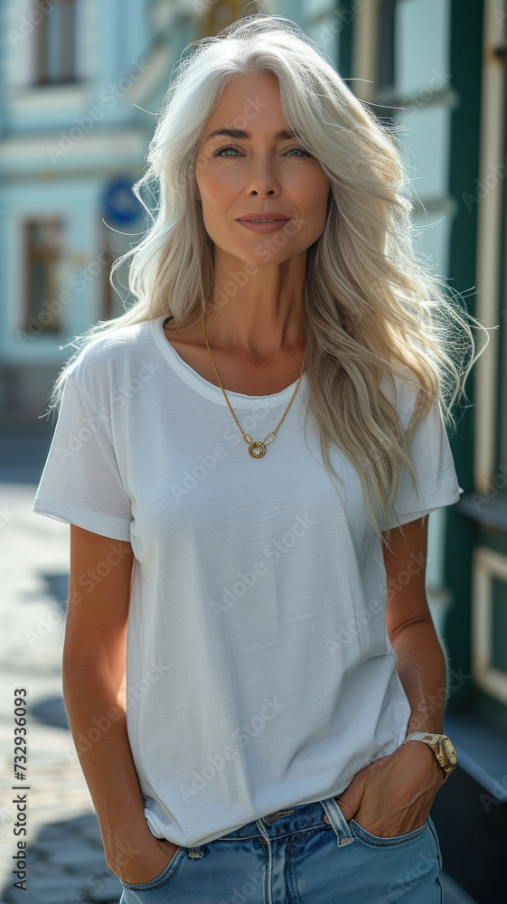 Old Caucasian woman walking down the street of summer urban modern city Old Caucasian woman walking down the street of summer urban modern city