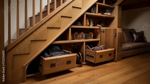 Hickory wood hidden storage compartments under stairs with a warm tone photo