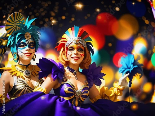 People wearing colourful  costume  , masks and feathers dancing durung, Carnival celebration