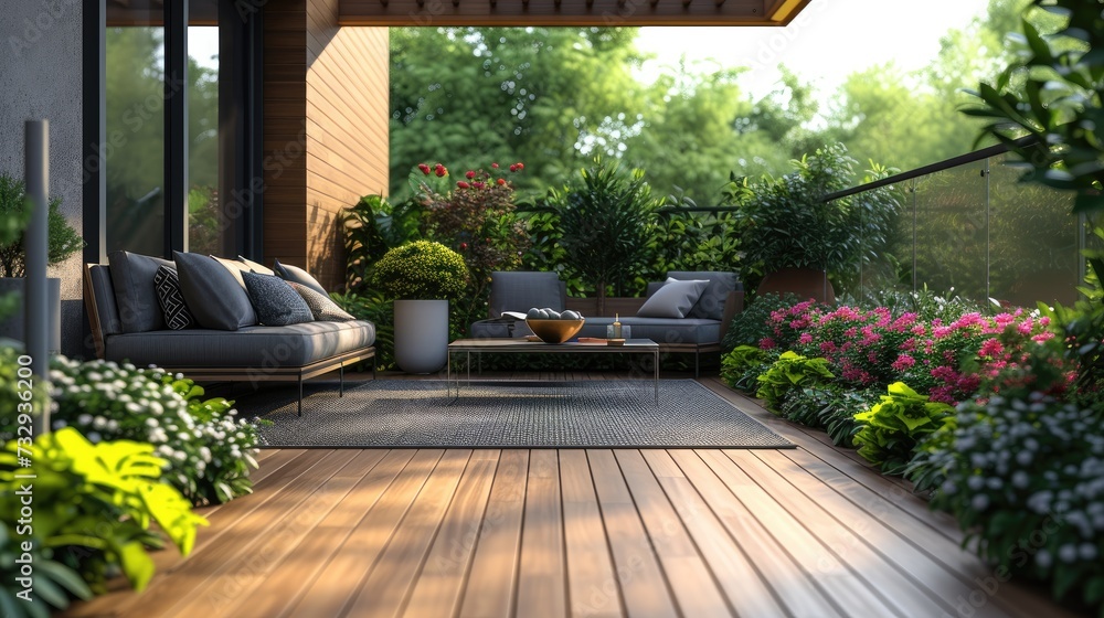 Serene Home Terrace with Lush Garden, tranquil home terrace featuring comfortable seating, wood decking, and vibrant garden blooms, creating a perfect outdoor relaxation spot