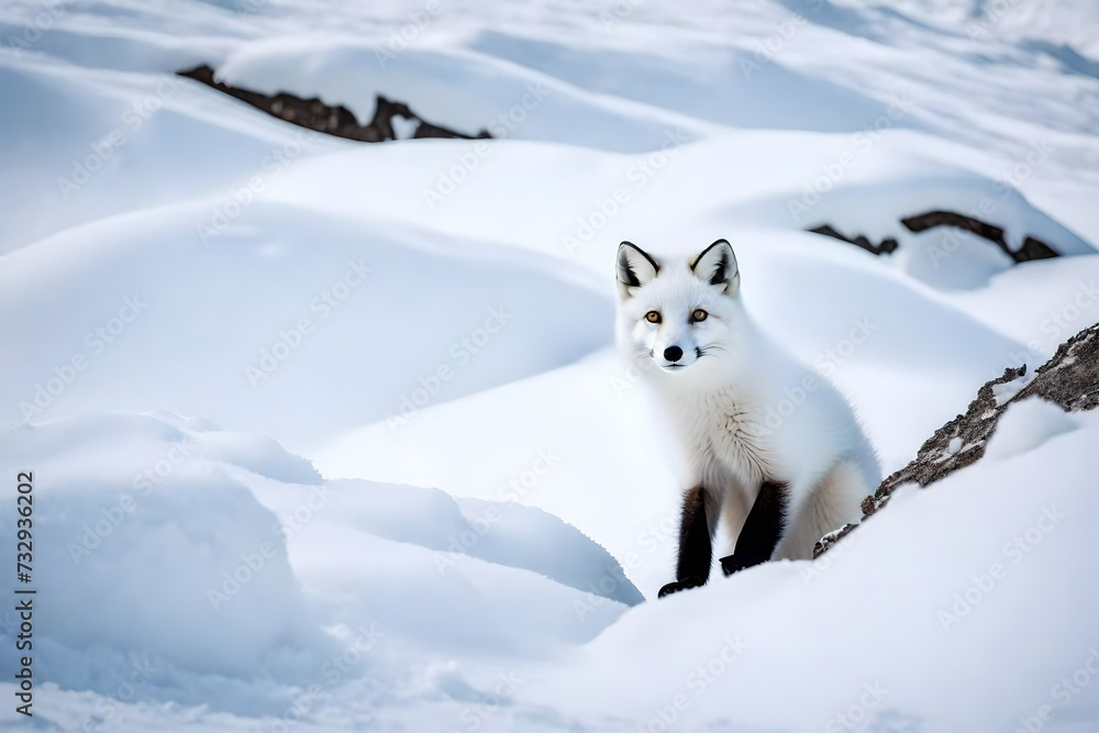 Marvel at the elegance and grace of a young white arctic fox as it frolics amidst the pristine winter landscape, its fur reflecting the soft sunlight, casting a warm, inviting glow. - obrazy, fototapety, plakaty 