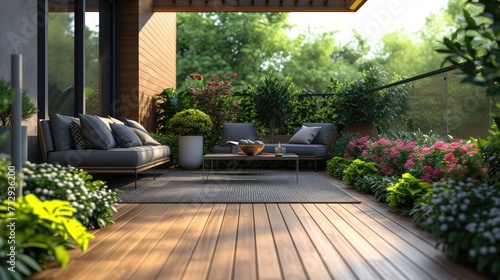 Serene Home Terrace with Lush Garden, tranquil home terrace featuring comfortable seating, wood decking, and vibrant garden blooms, creating a perfect outdoor relaxation spot