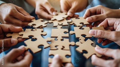 Team Collaboration Puzzle Concept, group of hands coming together to connect jigsaw puzzle pieces, symbolizing teamwork and problem-solving in a collaborative effort