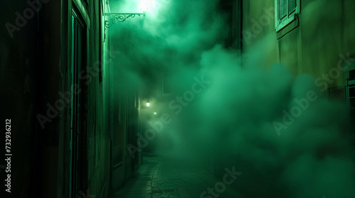 The atmosphere is lonely in a small alley with dense smog and inconvenient visibility.
