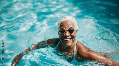 Older active african american woman exercising in swimming pool