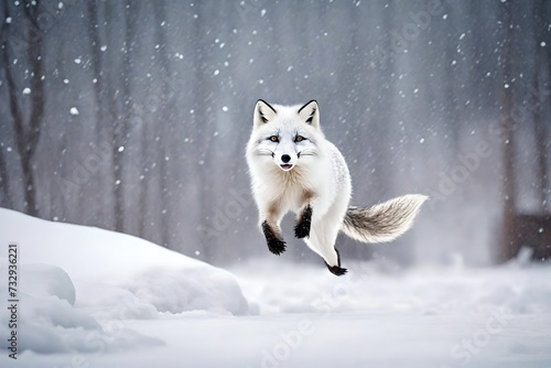 Experience the wonder of a winter wonderland as a playful white arctic fox bounds through the fresh, powdery snow, its fur catching the golden rays of the sun, creating a scene of pure magic. © Malik