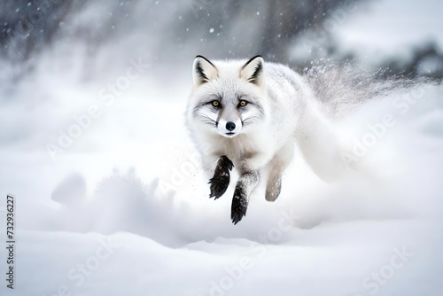 Behold the beauty of nature as a white arctic fox gracefully navigates the snowy terrain, its fur shimmering in the sunlight, casting a radiant glow upon the glistening snow beneath. © Malik
