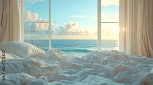 Seaside Serenity from a Cozy Bedroom, tranquil morning view from a bedroom, with sunlight spilling over messy white bedding, offering a glimpse of a calm sea and cloudy sky through the window