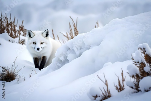 Envelop yourself in the tranquility of a snowy landscape as a playful white arctic fox dashes through the powdery drifts, its fur reflecting the soft, golden light of the winter sun. © Malik