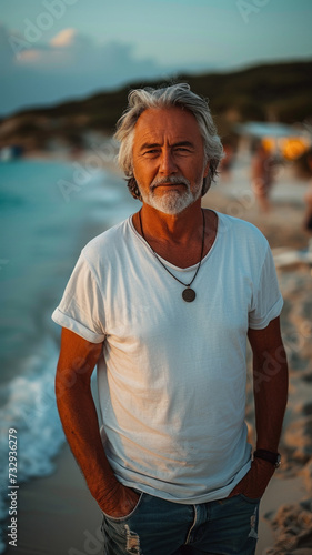 Old Caucasian man on background of sandy beach of the sea.