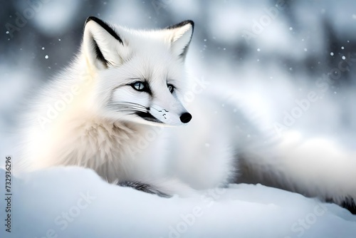 Step into a winter wonderland and witness the pure joy of a young white arctic fox as it gambols through the pristine snow, its fur aglow with the warmth of the sun's rays. © Malik