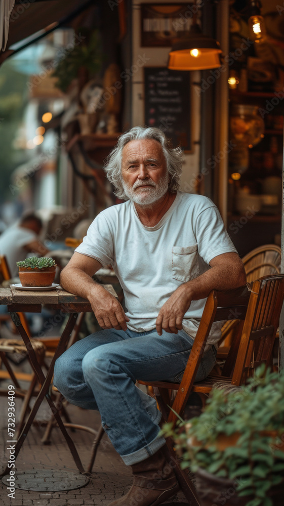Old Caucasian man in white t-shirt and jeans sitting at table at modern cafe.
