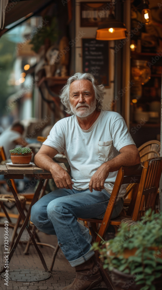Old Caucasian man in white t-shirt and jeans sitting at table at modern cafe. Old Caucasian man in white t-shirt and jeans sitting at table at modern cafe.