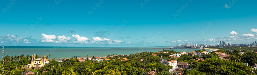 Panoramic view of the cities of Olinda and Recife with the Carmo Church, Marco Zero and buildings in the capital of Pernambuco