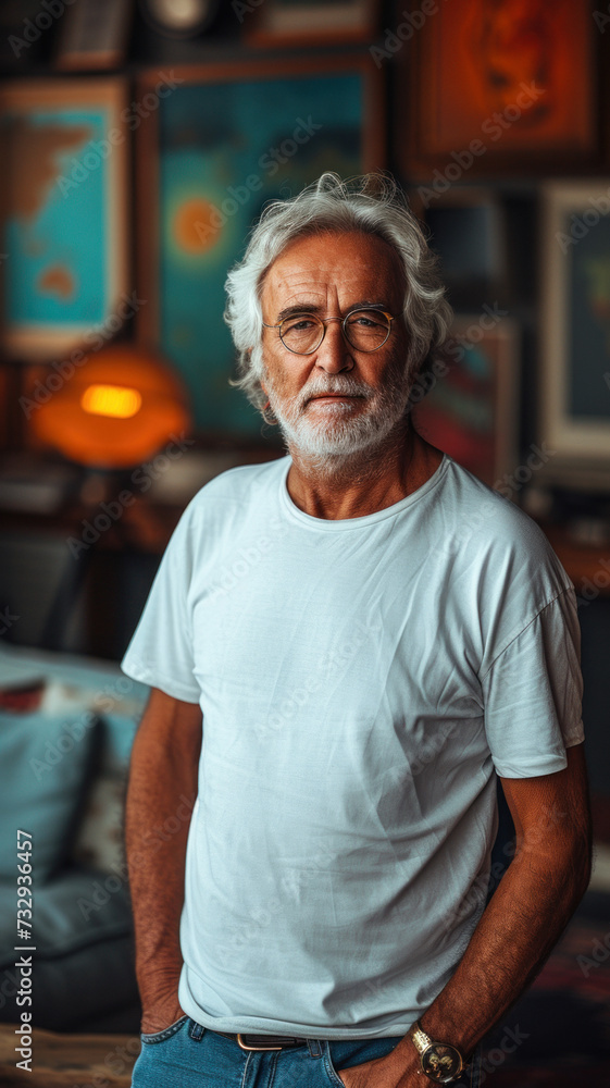 Old Caucasian man on background of modern loft colorful living room of house Old Caucasian man on background of modern loft colorful living room of house