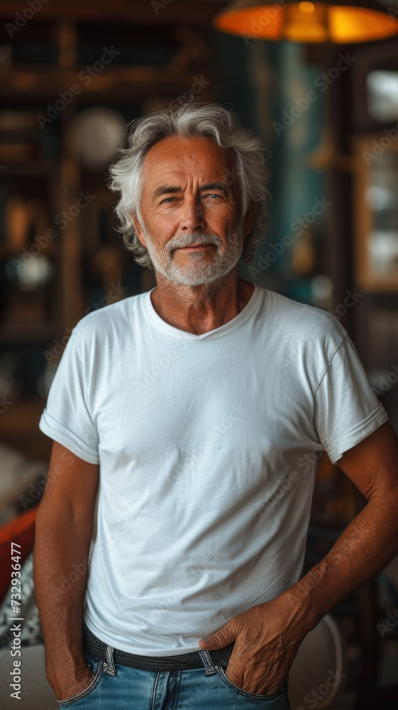 Old Caucasian man on background of modern loft colorful living room of house Old Caucasian man on background of modern loft colorful living room of house