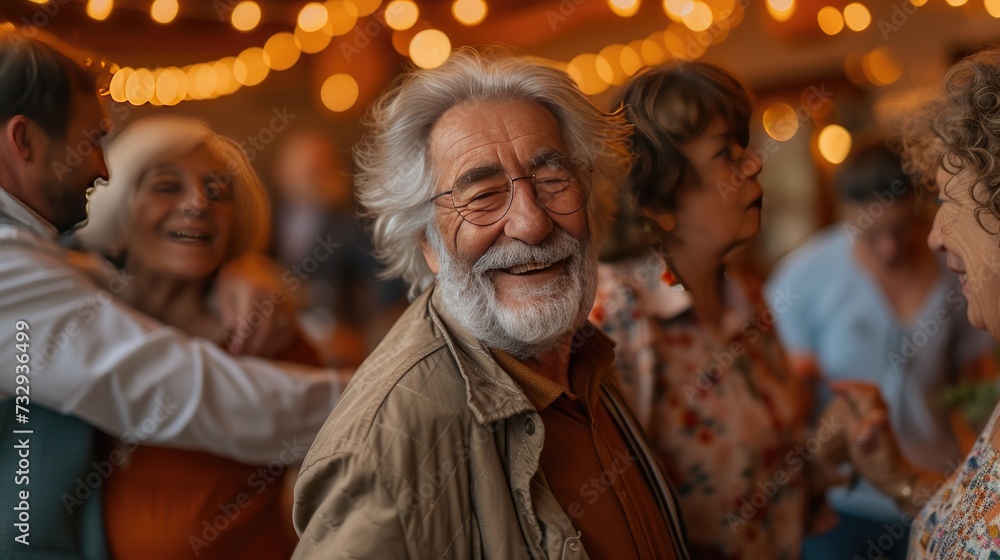 Senior Man Joyfully Dancing at a Party, elderly man with a full beard smiles broadly as he enjoys a dance at a lively party surrounded by friends