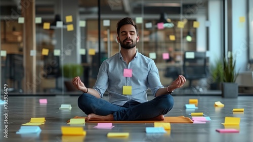 Zen Amid Chaos: Office Worker Meditates, professional man in a casual shirt finds tranquility through meditation amidst a chaotic office setting, surrounded by colorful sticky notes