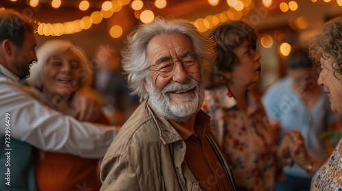 Senior Man Joyfully Dancing at a Party, elderly man with a full beard smiles broadly as he enjoys a dance at a lively party surrounded by friends